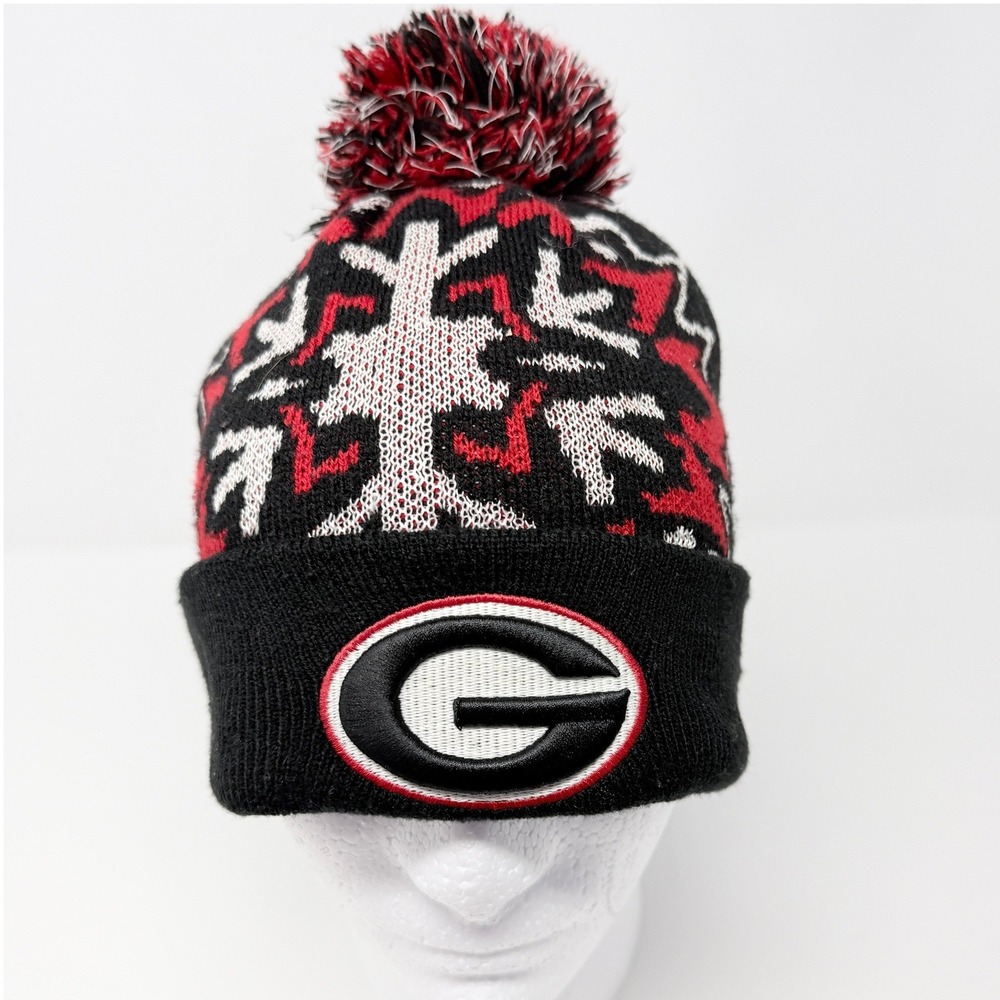 New Era Georgia Bulldogs Beanie Hat Knit Pom Snowflake Black Red White UGA Dawgs
